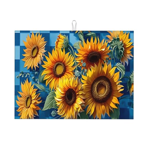 Sunflower Floral Pattern Blue Background Large Dish Drying Mat For Kitchen Counter 18x24 Inch, Super Absorbent Microfiber Reversible Drainer Pad With Hanging Loop, Quick Dry Mat For Coffee Bar, Pots - color: Sunflower Floral Pattern Blue Background 6