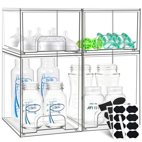 Baby Bottle Organizer, Stackable Storage Drawers with Label, Clear Station Organizers Container for Pacifiers, Pump Parts, Desk Organizer Bins for Bathroom, Cabinet, Pantry, Vanity, Countertop, 4 Pack - style: 2 High+2 Small