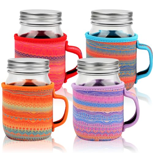 KJQJLY 4 Pcs Mason Jars Sleeves Neoprene 16oz and 24oz 32oz Regular and Wide Mouth Mason Jar Sleeves Holder with Handle (Desert Sunset, 16 OZ) - color: Desert Sunset, size: 16 OZ