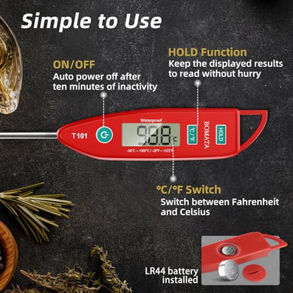 BOMATA Waterproof IPX7 Thermometer for Water, Liquid, Candle and Cooking. Instant Read Food Thermometer with Long Probe for Cooking, Meat, BBQ! T101 (Red Color)……… - color: Red