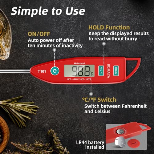 BOMATA Waterproof IPX7 Thermometer for Water, Liquid, Candle and Cooking. Instant Read Food Thermometer with Long Probe for Cooking, Meat, BBQ! T101 (Red Color)……… - color: Red