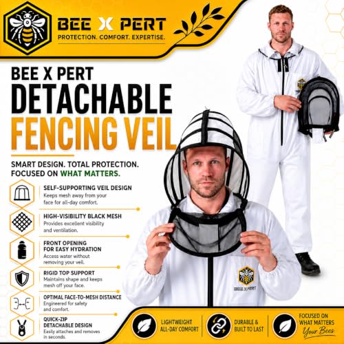 Cotton Beekeeping Suit with Removable Veil & Gloves – Full Body Protective Bee Suit, Breathable Sting Protection for Beginner & Professional Beekeepers (Kids-Large) - size: Kids-Large