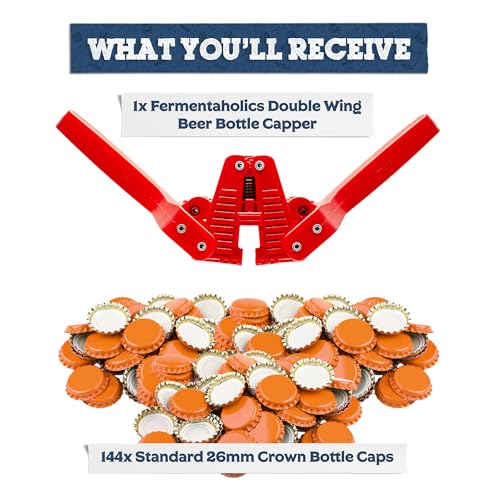 Fermentaholics Beer Bottle Capper & Lid Set – Double Wing Manual Capping Tool with 144 Crown Caps – Fits Standard 12 oz & Homebrew Beer Bottles (Capper & Lid Set -144 Orange Crown Caps) - size: Capper & Lid Set -144 Orange Crown Caps