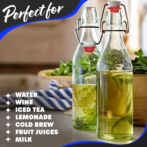Nevlers 17 Oz Clear Round Swing Top Glass Bottles with Lids 12 Pack | Flip Top Glass Bottle with Stopper Kit for Kombucha or Vanilla Extract Bottles | Wine Bottle Set with Funnel, Brush & Marker - style: Round