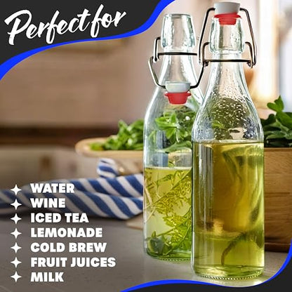 Nevlers 17 Oz Clear Round Swing Top Glass Bottles with Lids 12 Pack | Flip Top Glass Bottle with Stopper Kit for Kombucha or Vanilla Extract Bottles | Wine Bottle Set with Funnel, Brush & Marker - style: Round