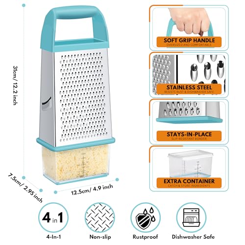 Urbanstrive Cheese Grater With Container, Professional Cheese Grater with Handle, Stainless Steel Graters for Kitchen Handheld, Box Grater with 4 Sides for Vegetables, Ginger, Potatoes (Blue) - color: Blue