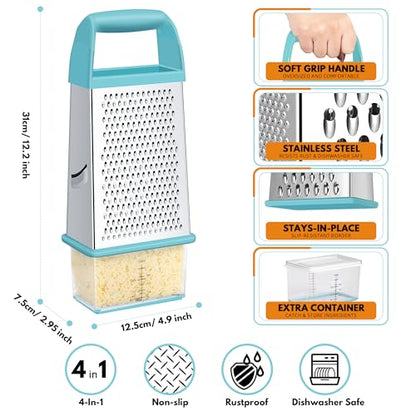Urbanstrive Cheese Grater With Container, Professional Cheese Grater with Handle, Stainless Steel Graters for Kitchen Handheld, Box Grater with 4 Sides for Vegetables, Ginger, Potatoes (Blue) - color: Blue