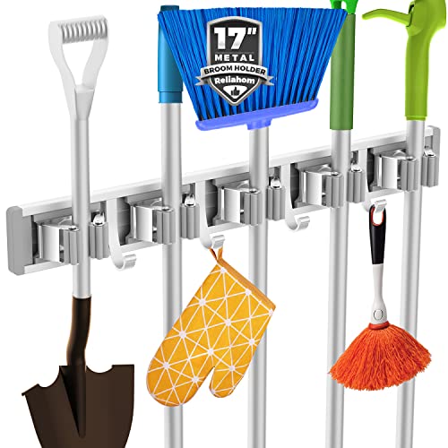 reliahom Broom Holder Wall Mount Mop Hanger Tools organizer 5Racks 4Hooks | Adjustable Mop Broom Wall Hanging Heavy duty Tools Storage Rack Space-saving for Garage,Kitchen,Laundry Room,Garden, Silver - color: Silver, size: 1 Pack 5R4H