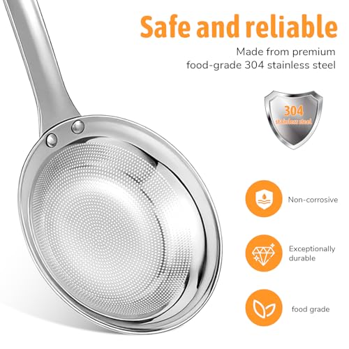 Fine Mesh Stainless Steel Colander Flat Hot Pot Fat Skimmer Fine Mesh Strainer Slotted Spoons with Handle Sieve Fines Meshes Colander Spoon Strainer for Kitchen Baking Oil Filter Kitchen Gadgets