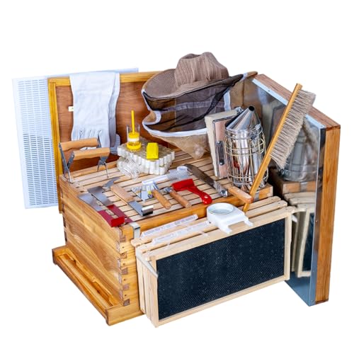 Beehive Starter Kit 10-Frame Bee Boxes and Frames Starter Kit Wax Coated Bee Hives and Supplies Starter Kit Including Beekeeping Tools Kit with Beekeeping Veil - size: 10 Frames