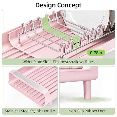 TOOLF Small Dish Drying Rack, Mini Expandable Compact Dish Rack, Slim Extendable Stainless Steel Dish Drainer for Kitchen Plate Storage, Space Saving Dish Strainer in Sink or on Home Countertop, Pink - color: Pink