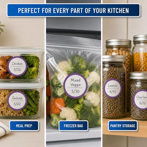 Water Soluble Labels for Food Containers – Dissolvable Kitchen Labels – No Sticky Residue – 2" Diameter, Two-Line Writable Surface, 200 Labels Per Roll (Purple) - color: Purple