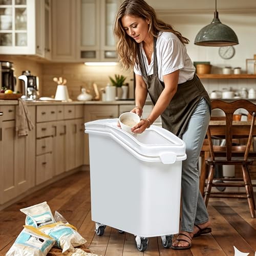 DWVO 21 Gal Large Ingredient Storage Bin, Flour Rice Food Storage Containers Bin with 500 Cups, Commercial Bins with 360° Wheels, Scoop and Lid for Kitchen, White - size: 21 Gal