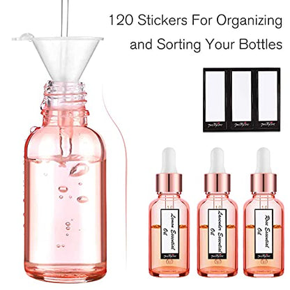 PrettyCare Glass Eye Dropper Bottles 99 Pack, 1oz (30ml) Rose Empty Thick Bottles Bulk with Leakproof Caps - With Labels & Funnels for for Storage, Travel,Essential Oils, DIY Serums - color: 1oz Rose, style: 99 Pack