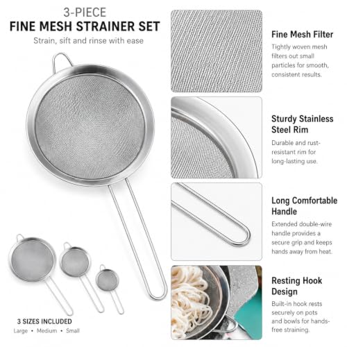 3 Pcs Stainless Steel Fine Mesh Strainer Set, Kitchen Colander with Long Handle, 3 Sizes (3.1/4.7/6.3 Inch) Food Sieve for Flour, Tea, Coffee, Juice and Cooking