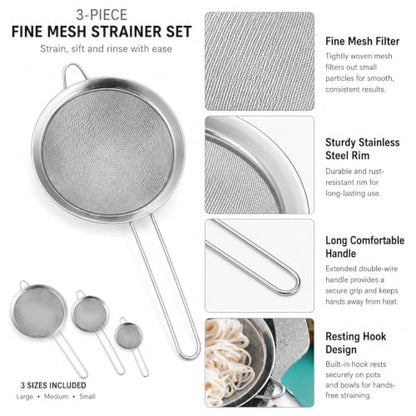 3 Pcs Stainless Steel Fine Mesh Strainer Set, Kitchen Colander with Long Handle, 3 Sizes (3.1/4.7/6.3 Inch) Food Sieve for Flour, Tea, Coffee, Juice and Cooking