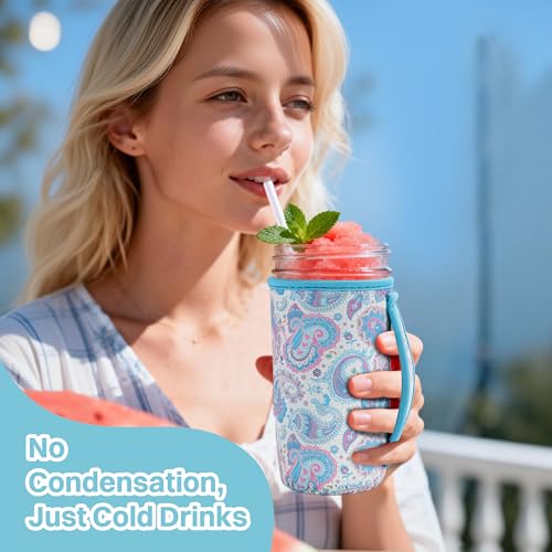 KJQJLY 4 Pcs Mason Jars Sleeves Neoprene 24oz Regular and Wide Mouth Mason Jar Sleeves Holder with Handle (Paisley, 24 OZ) - color: Paisley, size: 24 OZ