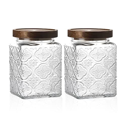 Vintage Glass Airtight Storage Jar Set of 2, With Airtight Wood Lid, Kitchen Food Storage Containers,Suitable for storage Tea leaves,Coffee Beans,dried fruits, cereals, etc(Plum pattern) - color: Set of 2