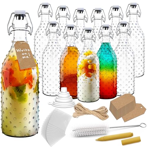 Nevlers 17 Oz Dotted Swing Top Glass Bottles with Airtight Lid 12 Pack | Flip Top Glass Bottle with Lids , Shrink Wrap, Funnel, Brush, Tags & Marker | Fermentation or Kombucha Bottles with Stoppers