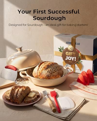 Enameled Cast Iron Bread Oven 5 Qt with Starter Kit, Round Dutch Oven with Lid for Sourdough Baking, Baking Kit Includes Silicone Sling, Banneton & Lame, Complete Artisan Bread Set - color: White, size: Bread Oven & Baking Kit