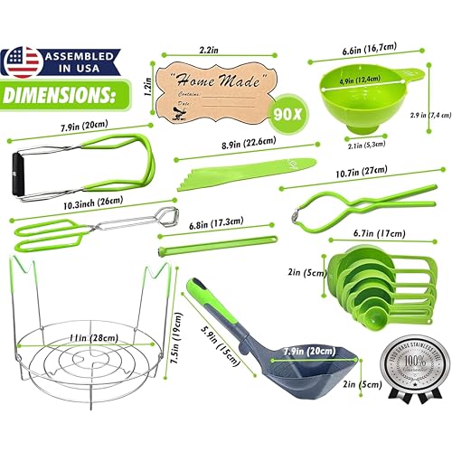 Supa Ant Complete Canning Starter Kit – 10pc Food-Grade Steel Set with XL Ladle, 6 Measuring Cups, Jar Lifter, Wide Mouth Funnel, Canning Rack (7-Jar Capacity) & 90 Labels –Beginner-Friendly, Green - color: Bright Green