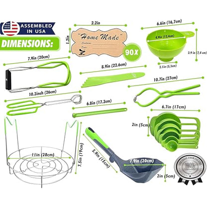 Supa Ant Complete Canning Starter Kit – 10pc Food-Grade Steel Set with XL Ladle, 6 Measuring Cups, Jar Lifter, Wide Mouth Funnel, Canning Rack (7-Jar Capacity) & 90 Labels –Beginner-Friendly, Green - color: Bright Green