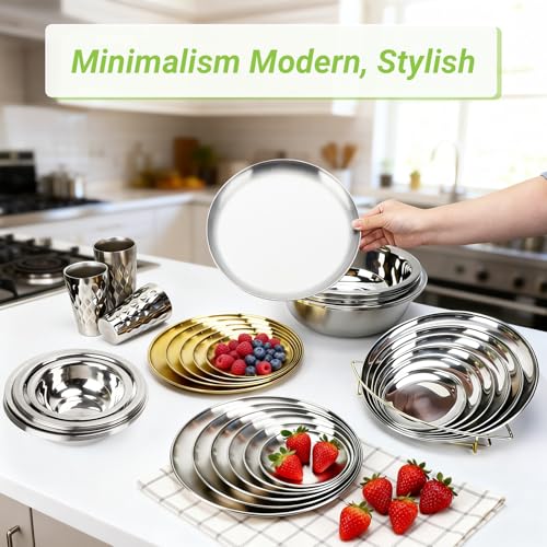 Metal Dinner Plate, 4 Pack 10.2 inch Large 201 Stainless Steel Plates, Reusable Lunch Salad Pizza Food Serving Snack Eating Dishes Round Brushed Finish Silver Sturdy Dish Oven Dishwasher Safe - size: 10.2"