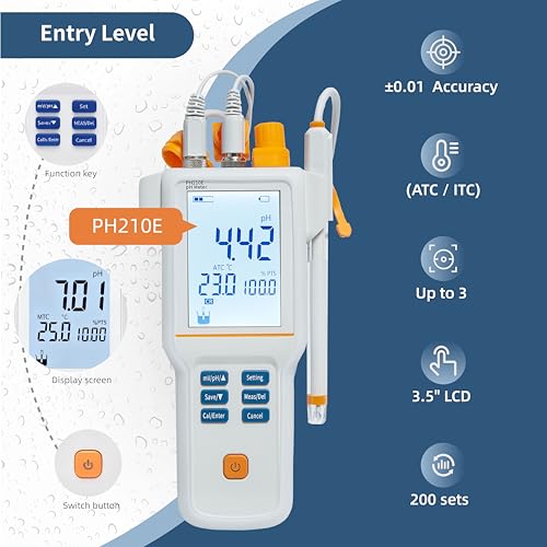 PH210E pH Tester Digital for Water Tester for Drinking Water IP65 Waterproof Portable pH Meter ±0.01pH Accuracy ATC Auto-Hold 200 Sets Memory for Pool Aquarium Lab - style: Standard Portable Model
