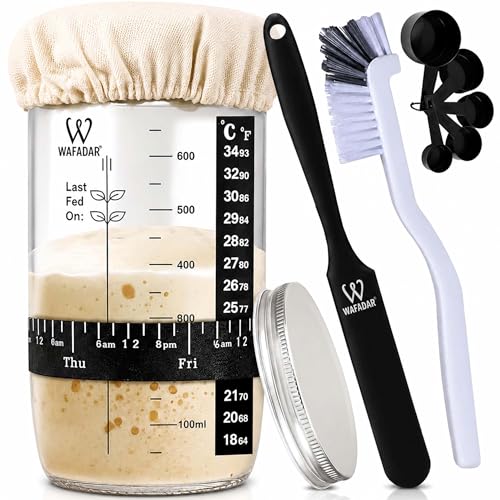 Upgraded Sourdough Starter Jar Kit –24 oz Glass Jar with Date Marked Feeding Band, Thermometer, Scraper, Cleaning Brush & Measuring Cups, Complete Bread Baking Supplies