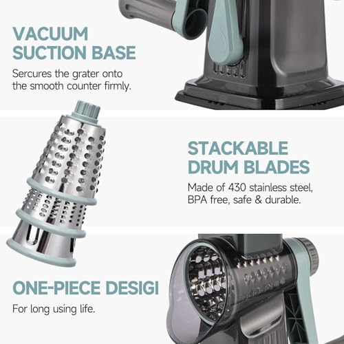 Rotary Cheese Grater with Handle Kitchen Shredder Slicer Grater Slicer Ice Shaver Cheese Vegetable Nuts Potato Zucchini Chocolate 3 Interchangeable Blades (GreyBlue) - color: Blue