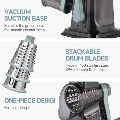 Rotary Cheese Grater with Handle Kitchen Shredder Slicer Grater Slicer Ice Shaver Cheese Vegetable Nuts Potato Zucchini Chocolate 3 Interchangeable Blades (GreyBlue) - color: Blue
