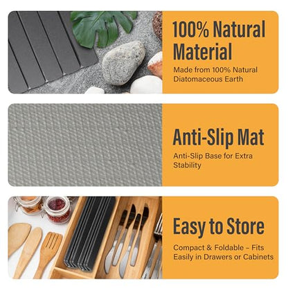 Large Foldable Stone Dish Drying Mat – Diatomaceous Earth, 2 Pack (12"x16" Each) or 24"x16" Combined – Fast Dry, Anti-Slip Pad, Sanding Tool & Instruction Manual for Kitchen and Bathroom, Dark Gray