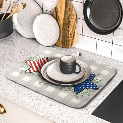 Patriotic Dish Drying Mat for Kitchen Counter Cute Stars 4th of July Holiday Absorbent Reversible Microfiber Kitchen Countertop Protector Dishes Pad Small 16x18 inch - size: 18" x 16"