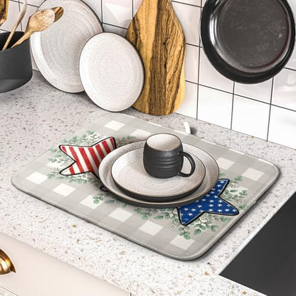 Patriotic Dish Drying Mat for Kitchen Counter Cute Stars 4th of July Holiday Absorbent Reversible Microfiber Kitchen Countertop Protector Dishes Pad Small 16x18 inch - size: 18" x 16"