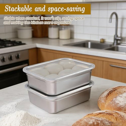 2 Pack Pizza Dough Proofing Box, Stackable Stainless Steel Bread Proofing Box and Dough Container with Lid, 12.6 * 10.2 Inch Food Storage Box Container, Large Capacity Pizza Dough Storage Container