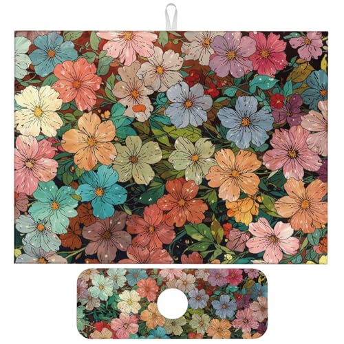 Colorful Wildflowers Dish Drying Mat for Kitchen Counter, 18"x24" Microfiber Absorbent Fast Dry Mat, 2Pcs Dish Mat Faucet Mats Sets, Large Drying Kitchen Mat Kitchen Drying Pad Coffee Bar Decor Gifts - color: Colorful Wildflowers, size: 18"X24"