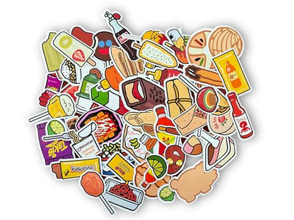 Mexican Food Vinyl Stickers, Snacks and Candy Stickers, Water Resistant, Set of 60, White