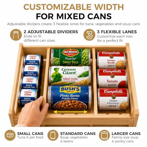 MinBoo Bamboo FIFO Can Organizer for Pantry, 24-Can Gravity Dispenser with Adjustable Dividers, Freestanding Wood Canned Food Storage Rack for Soup, Soda and Pet Food, 15.5" W x 11.6" D x 9.4" H