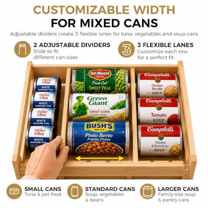 MinBoo Bamboo FIFO Can Organizer for Pantry, 24-Can Gravity Dispenser with Adjustable Dividers, Freestanding Wood Canned Food Storage Rack for Soup, Soda and Pet Food, 15.5" W x 11.6" D x 9.4" H