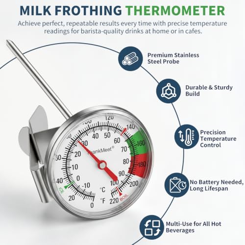 Instant Read Large Dial Thermometer, Premium Stainless Steel Coffee Milk Foam Thermometer with Clip, Ideal for Espresso, Hot Chocolate, Latte & Beverage Temperature Control - size: Milk Frothing Thermometer-9''