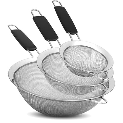 Set of 3 Fine Mesh Strainers for Kitchen | 3.4 inch, 5.5 inch and 7.9 inch Stainless Steel Strainer