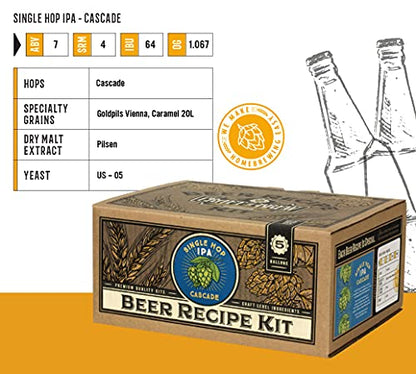 Craft a Brew - Beer Recipe Kit - Single Hop IPA-Cascade - Home Brewing Ingredient Refill - Beer Making Supplies - Includes Hops, Yeast, Malts, Extracts - 5 Gallons - color: Single Hop IPA