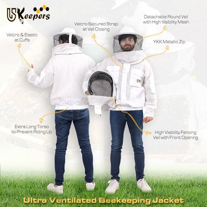 3 Layer Ventilated Sting Proof Bee Jacket for Men & Women, Premium Beekeeping Jacket with Gloves & Two Beekeeper Veils. (White J/L) - color: White, size: Large