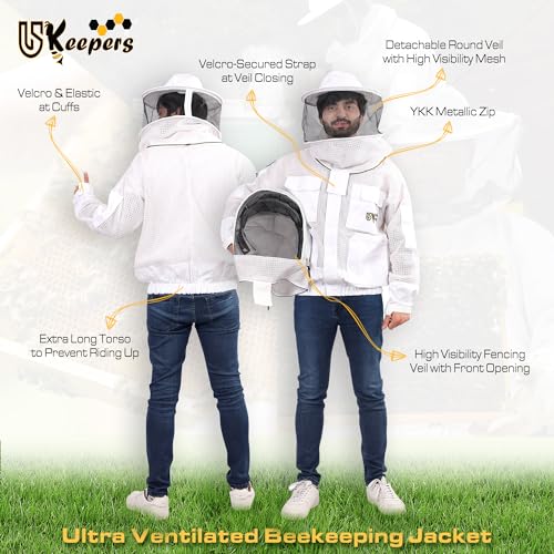 3 Layer Ventilated Sting Proof Bee Jacket for Men & Women, Premium Beekeeping Jacket with Gloves & Two Beekeeper Veils. (White J/M) - color: White, size: Medium