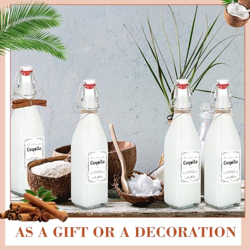 DoubleFill 8 Set Coquito Swing Top Glass Bottles 16 Oz Flip Top Brewing Bottles with Coquito Stickers Wine Airtight Caps for Home Party Milk Eggnog Kefir(Stylish) - style: Stylish