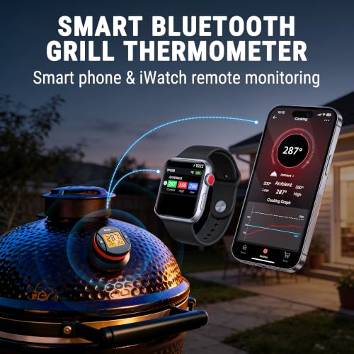 TempPro Bluetooth Grill Thermometer with LCD Display & App Alerts, 500FT Wireless Temperature Gauge for Smoker, Kettle, Kamado, Pellet, Gas Grills, 0.3 Inches Universal Sensor Fits Most Lids