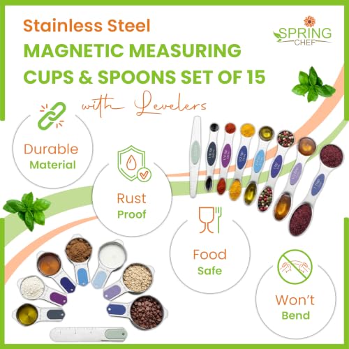 Spring Chef Magnetic Measuring Cups & Spoons Set of 15 - Winter Frost | Stainless Steel, Patented, BPA Free, Strong Magnets, Heavy Duty - color: Winter Frost, size: Set of 15