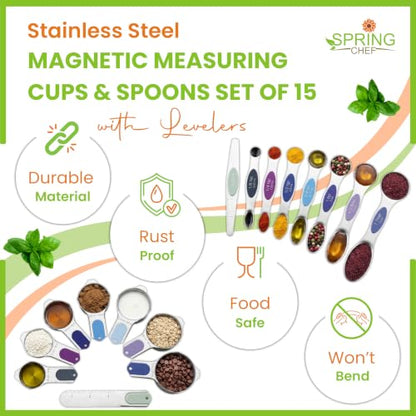 Spring Chef Magnetic Measuring Cups & Spoons Set of 15 - Winter Frost | Stainless Steel, Patented, BPA Free, Strong Magnets, Heavy Duty - color: Winter Frost, size: Set of 15