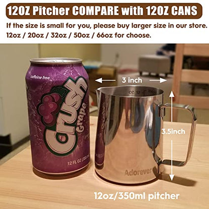 Milk Frothing Pitcher, 8.5oz/12oz/20oz/32oz/50oz/66oz Milk Frother Cup Stainless Steel, Espresso Accessories, Milk Steaming Pitchers Coffee Cappuccino Latte Art Barista Milk Jug Cup with Art Pen,12oz - color: A Silver, size: 12 Ounces