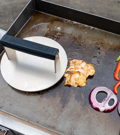 Stainless Steel Burger Smasher 3.25 LB – 8 Inch Steak Weight for Smash Burgers, Bacon, Sandwiches | Dishwasher Safe, Preheatable Protein Press with Silicone Handle | Commercial BBQ Tool - size: Φ8"